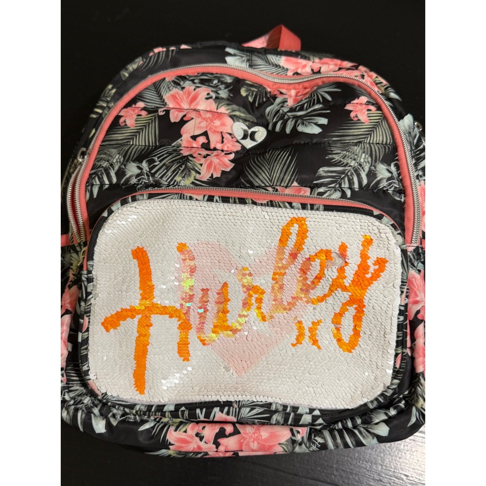 Hurley Tropical Floral Sequin Reversible Heart Backpack Black Pink
